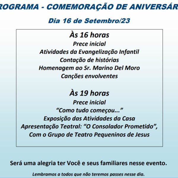 COMEMORAÇÃO DE ANIVERSÁRIO Dia 16 de Setembro/23