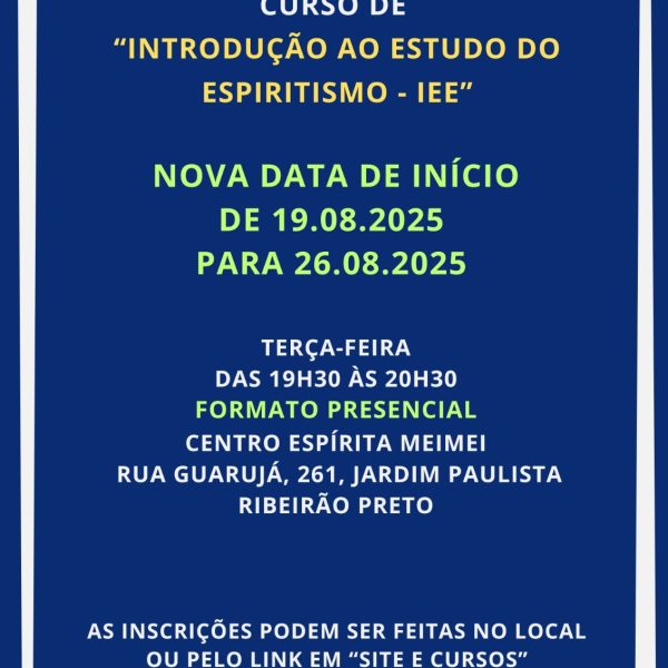 Novo curso de “Introdução ao Estudo do Espiritismo – IEE”